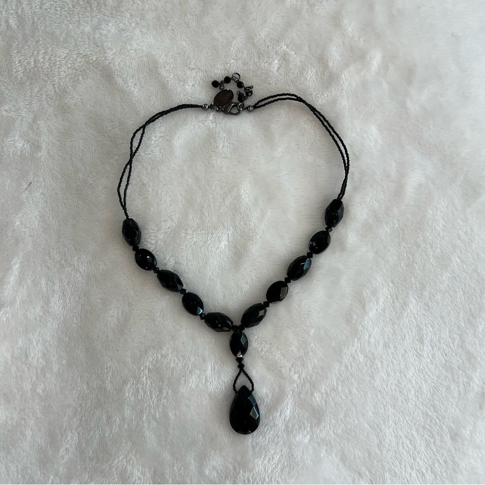 White House Black Market Black Stone Dangle Necklace Seed Bead Details Signed